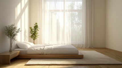 Serene Minimalist Bedroom: Sunlight Bathes a Tranquil Space
