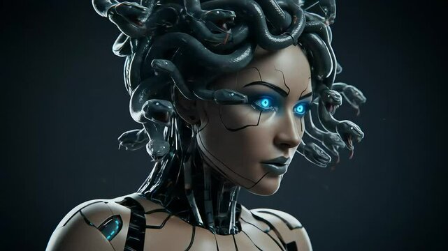 Metallic Medusa Cyborg with Robotic Snakes and Neon Blue Eyes
