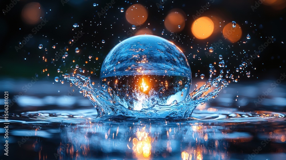 Poster crystal ball dropping into water creating splash with reflected light
