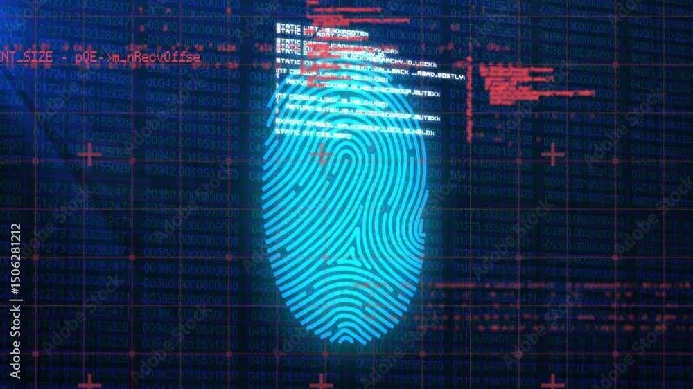Aufkleber after one-second delay fingerprint hovering grid shifting red cyan code blocks indicating id check