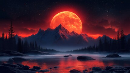 Moonlight with mountain shine under night sky