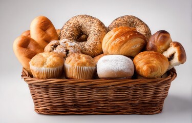 Assorted baked goods in a wicker basket.  A variety of pastries, including croissants, bagels, muffins, and bread rolls, displayed attractively