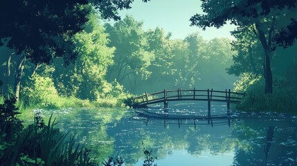 Fototapeta premium Tranquil Pond, Serene Bridge, Lush Forest