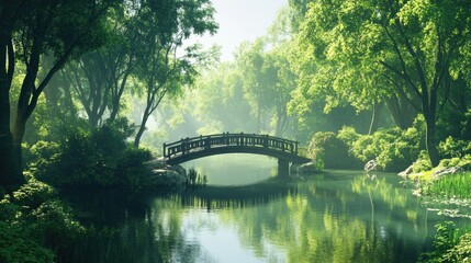 Serene Bridge over Tranquil Pond in Lush Green Forest
