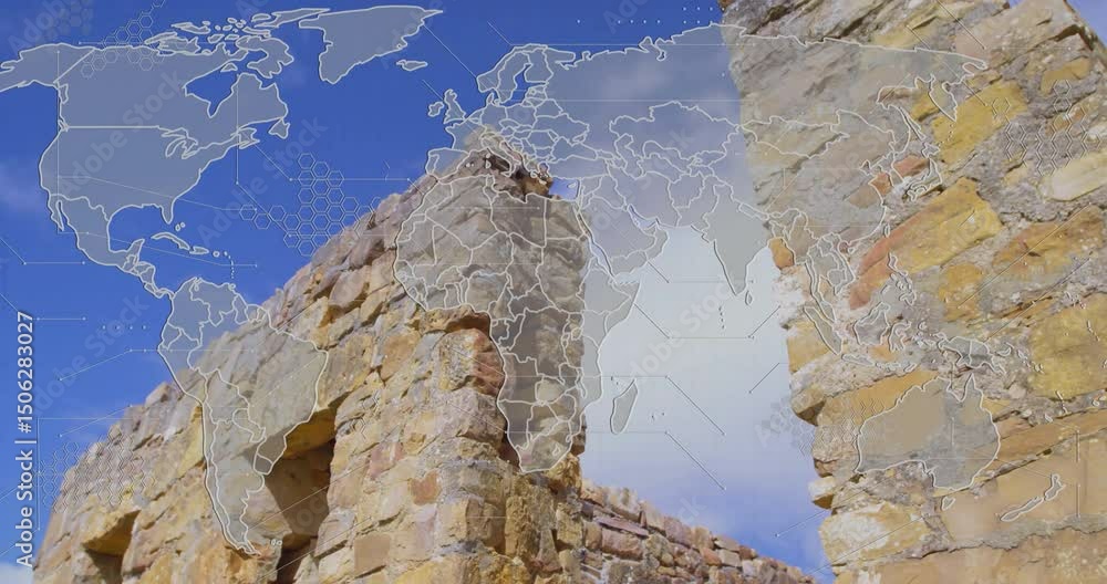 Poster upon fading continent outline, world map overlay expanding with hex nodes showing global network