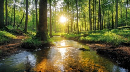 Obraz premium Golden Hour Serenity: A sunlit stream meanders through a lush green forest, creating a tranquil and picturesque scene.