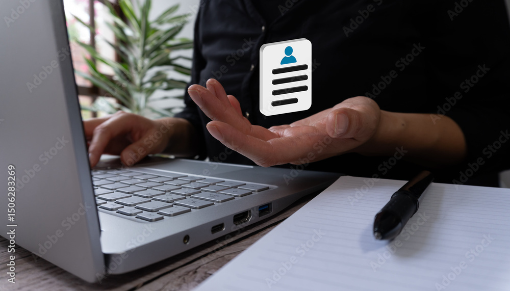 Poster a person extending their hand with a resume icon floating above it, sitting in front of the laptop t