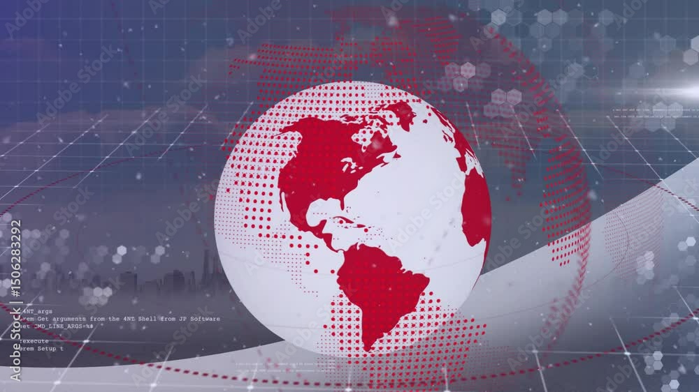 Poster on startup globe rotating revealing red dotted hemisphere flashing code overlay on grid for insight