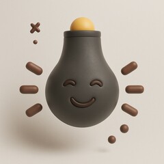 3D smiling lightbulb with brown and yellow details suitable for energysaving concepts, creativity, innovation, and idea generation projects. Bright and vibrant design element.