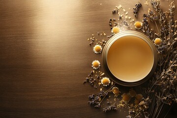 Herbal Healing Balm aerial view with Dried Chamomile and Lavender on Wooden Background with Copy Space.