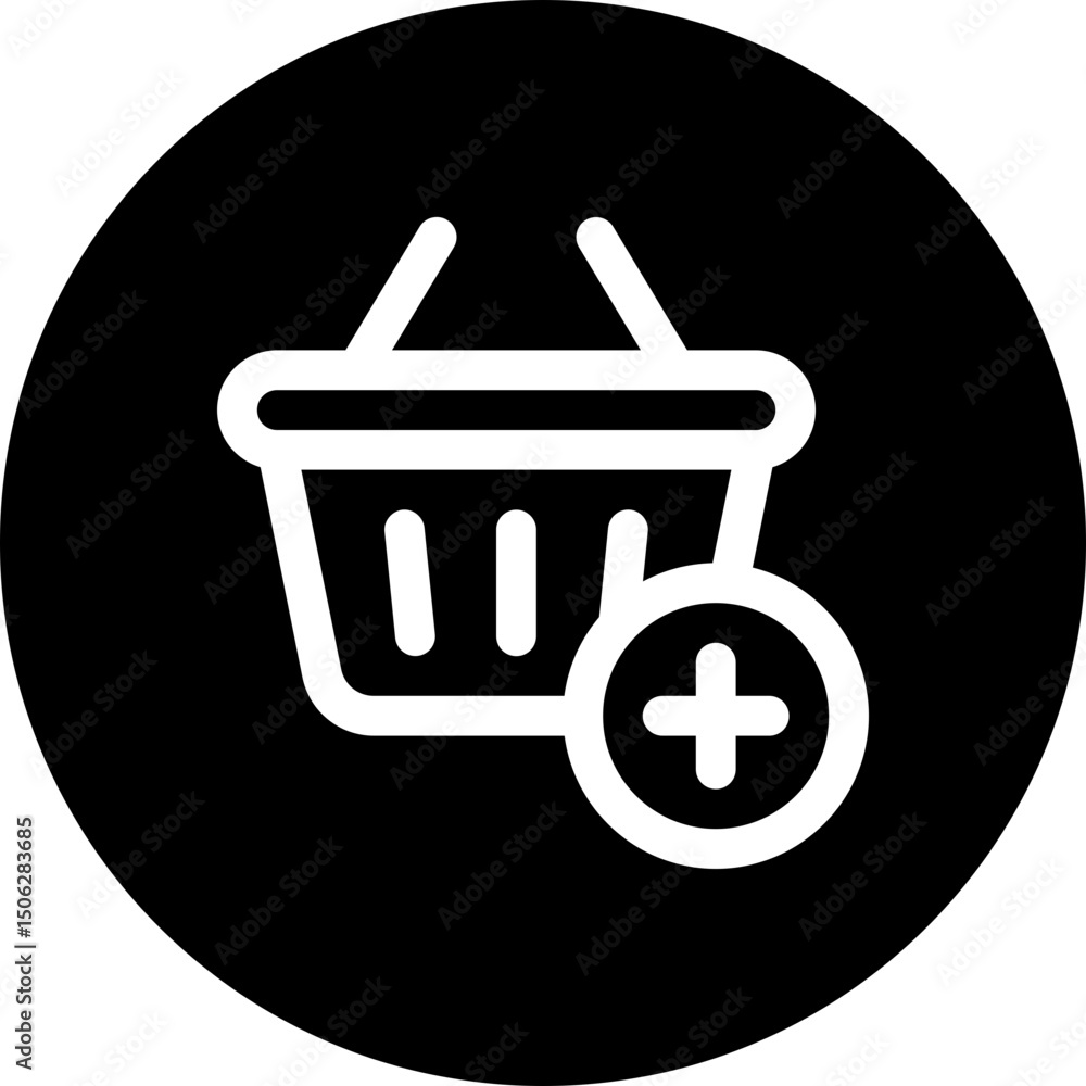 Poster shopping basket vector icon, add to basket. sopping basket with add sign. circular style isolated ve