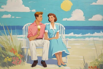 couple sharing ice cream on beach at sunset