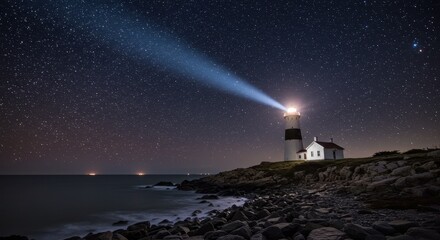 Majestic Lighthouse Under Brilliant Starry Sky with Vibrant Beam of Light Illuminating Rocky Shoreline at Night