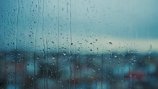 Raindrops on window glass during moody storm with peaceful ambient light