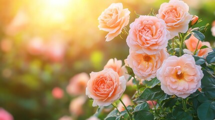 Blooming Peach Roses in Garden with Sunlight Creating a Soft Glow