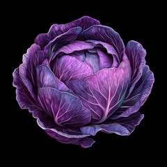 Obraz premium Purple cabbage in realistic color paintings, no splash, the illustration should be isolated on black background