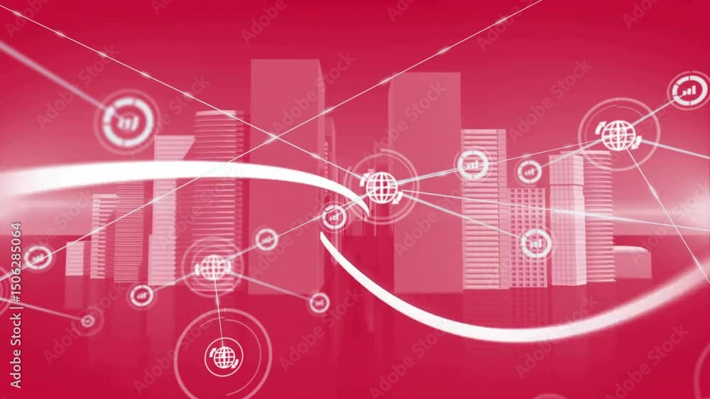 Poster light flare causing ribbon emerging from center spiraling around city skyline forming network mesh