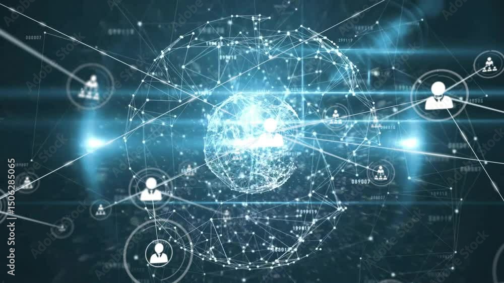 Poster after rotating, wireframe sphere showing nodes, linking user icons via lines forming global network