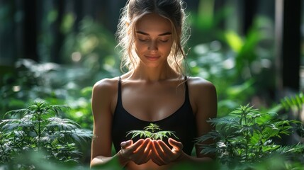 Woman Holding Cannabis Plant in Forest Setting with Calm Expression