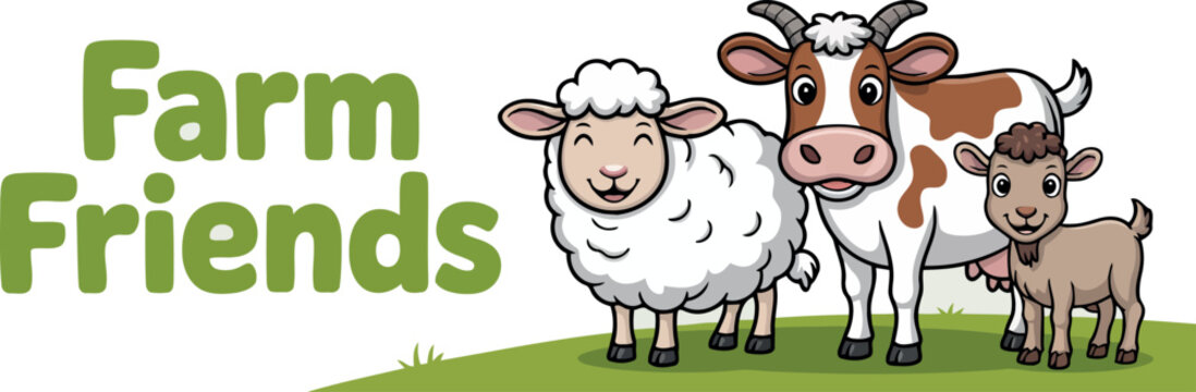 This charming cartoon illustration features three popular farm animals &ndash; a fluffy sheep, a gentle cow, and a small goat &ndash; standing together with the text "Farm Friends" written above them.