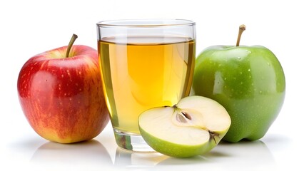 Fresh red and green apples with a glass of golden apple juice on white background, healthy fruit beverage