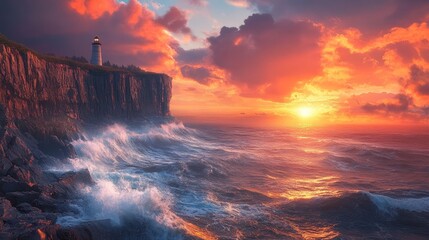Fototapeta premium Dramatic Sunset over the Ocean with Lighthouse on Cliff