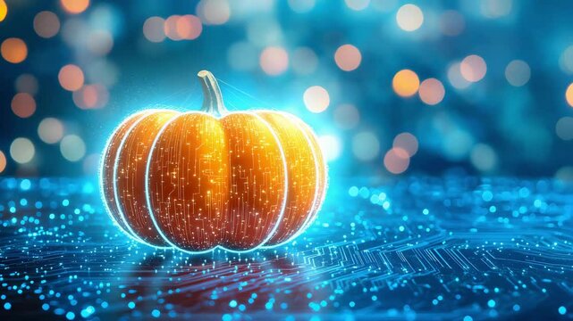 Digital Halloween Pumpkin on Circuit Board Glowing with Festive Lights