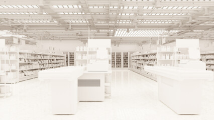 3D Rendering. Store interior supermarket with shelf shelves.