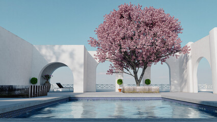 3D illustration. A small private swimming pool in the backyard of a luxury villa.