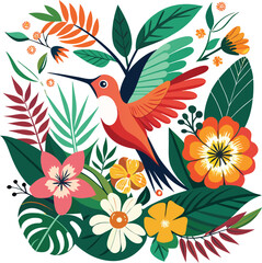Vibrant hummingbird surrounded by tropical flowers and lush foliage.