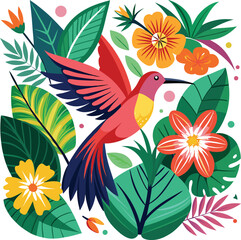 Vibrant hummingbird amidst tropical floral display, perfect for spring design.