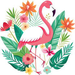 Vibrant Flamingo Surrounded by Tropical Flowers and Lush Plants