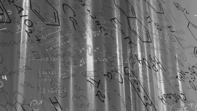 Chalk-style formulas emerging on start and accumulating on translucent curtain showing research