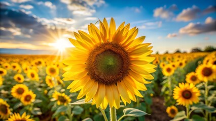 A bright, sun-drenched close-up of a single sunflower with a field of blurred sunflowers in the background.
