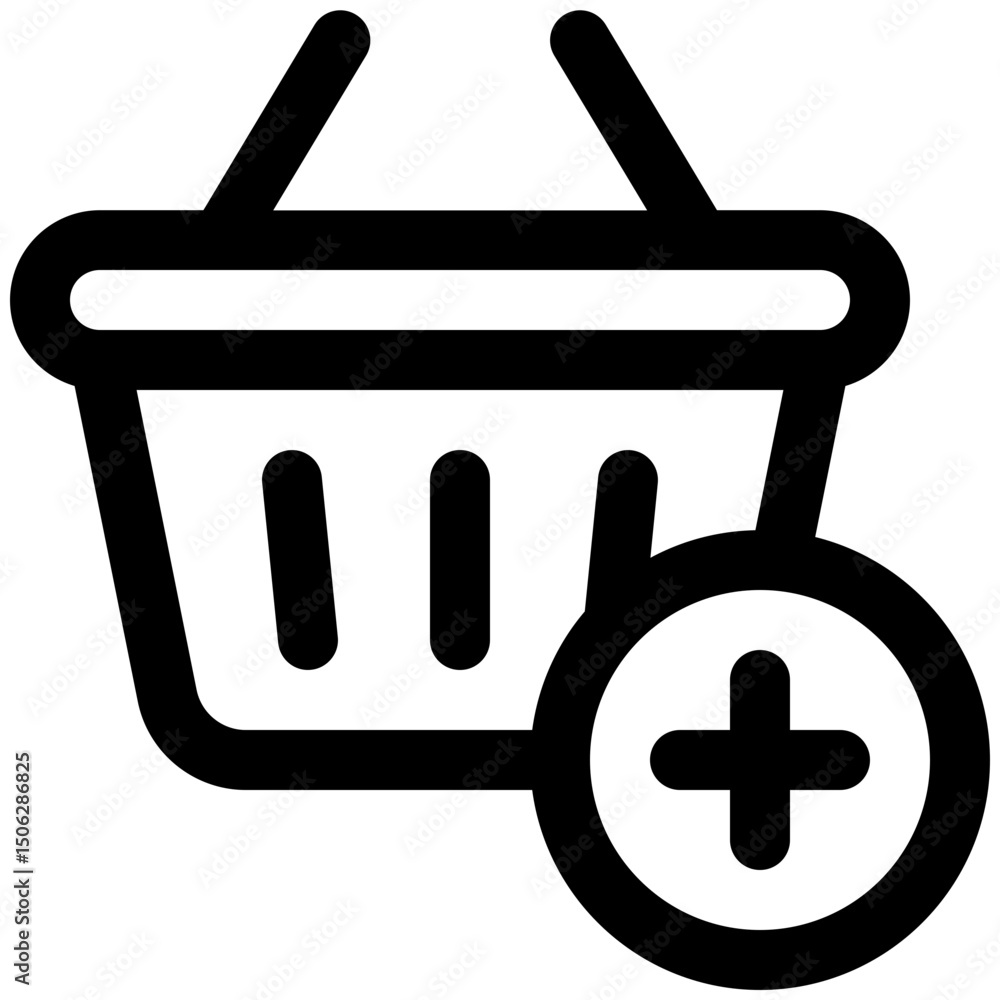 Poster shopping basket vector icon, add to basket. sopping basket with add sign. lineal style isolated vect