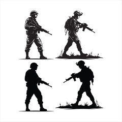 Silhouette vector set of American soldier holding gun. On white background