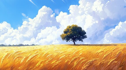 Golden Wheat Field Under a Summer Sky: A Solitary Tree in a Serene Landscape