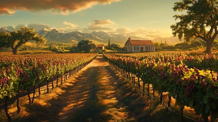Picturesque Vineyard at Sunset: A Serene Rural Landscape