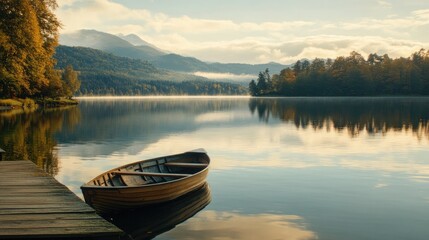 Serene Lake Morning: A Wooden Rowboat at Dawn