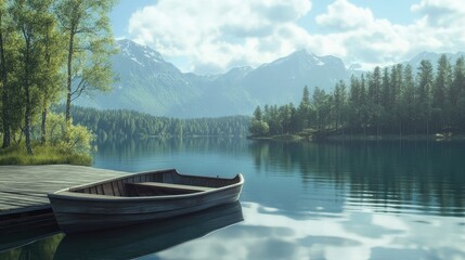 Serene Mountain Lake with Rowboat at Wooden Dock