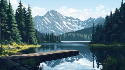 Serene Mountain Lake with Wooden Dock Reflection