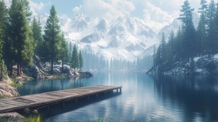Serene Mountain Lake with Wooden Dock, Picturesque Winter Scenery