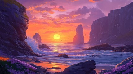 Majestic Sunset Coastal Scene: Vibrant Orange Hues Paint the Sky Above Dramatic Cliffs and a Serene Ocean