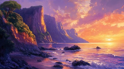 Golden Sunset Coastal Cliffscape: A Serene Ocean View