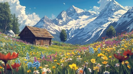 Alpine Cabin Amidst a Vibrant Wildflower Meadow and Majestic Snow-Capped Mountains