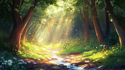 Sunlit Forest Path: A Serene Digital Painting of a Magical Woodland Stream