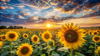 Fototapeta premium A sun-kissed field of sunflowers reaching towards the bright evening sky. 