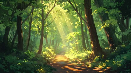 Sunlit Forest Path: A Digital Painting of Tranquil Nature