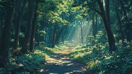 Sunbeams Filtering Through Lush Forest Path: A Serene Woodland Escape