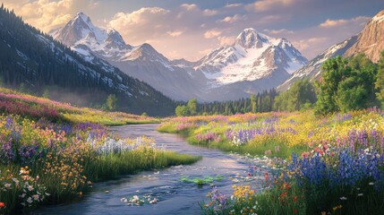 Serene Mountain Meadow: A Breathtaking Vista of Blossoms and Peaks